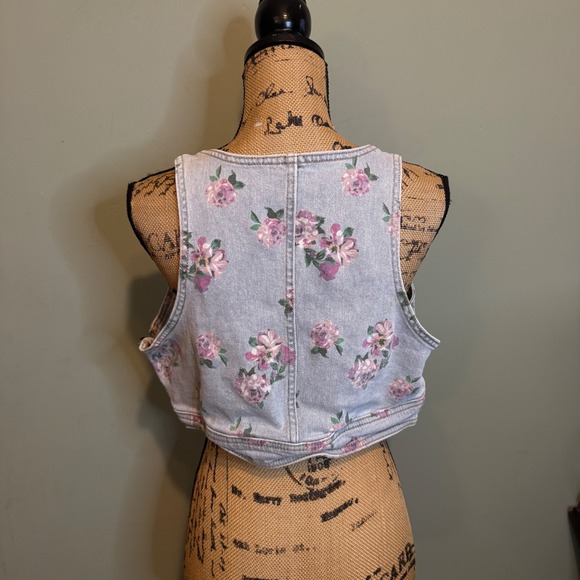 Wild Fable Womens Y2k Boho Light Wash Floral Print Denim Cropped Top Blue XL - Picture 2 of 6